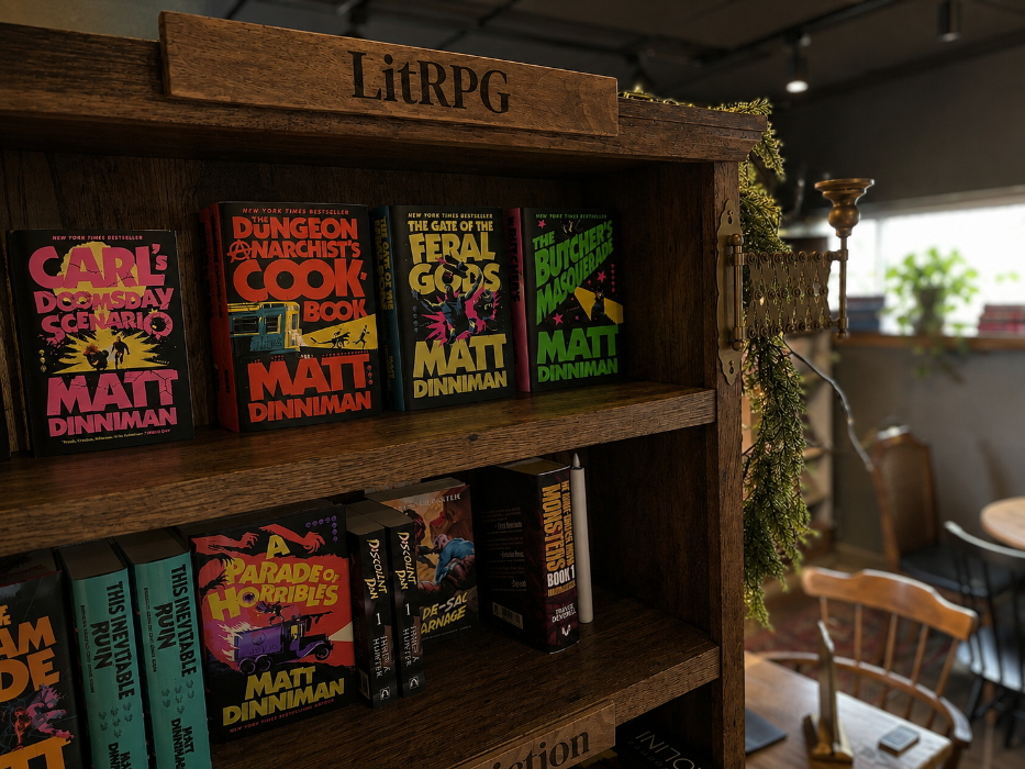 A wooden bookshelf in a cafe or bookstore setting, displaying several books by Matt Dinniman, including 'Carl's Dream Day Scenario', 'Dungeon Archaeologist Cook Book', 'The Gate of the Feral Gods', and 'Butcher's Meat'.