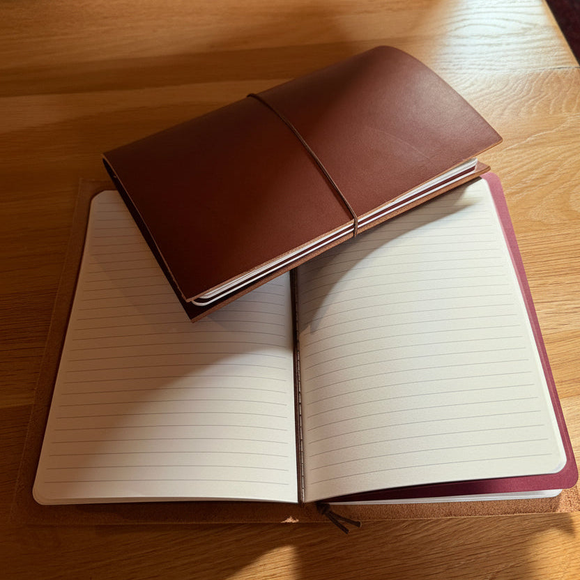 A brown leather notebook cover with a strap closure resting on top of an open lined notebook with a pinkish-red cover, placed on a wooden table.